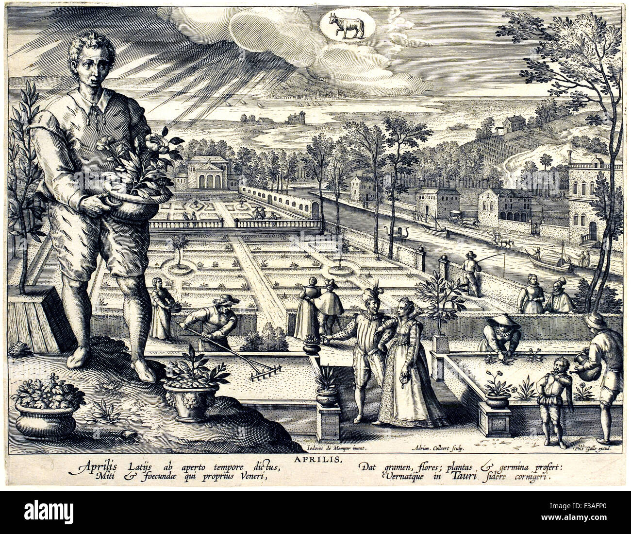 Il mese di aprile 1590-1610 Adriaen Collaert 1560-1618 dopo un design by Joos de Momper 1564-1635 olandese incisione dei Paesi Bassi Foto Stock