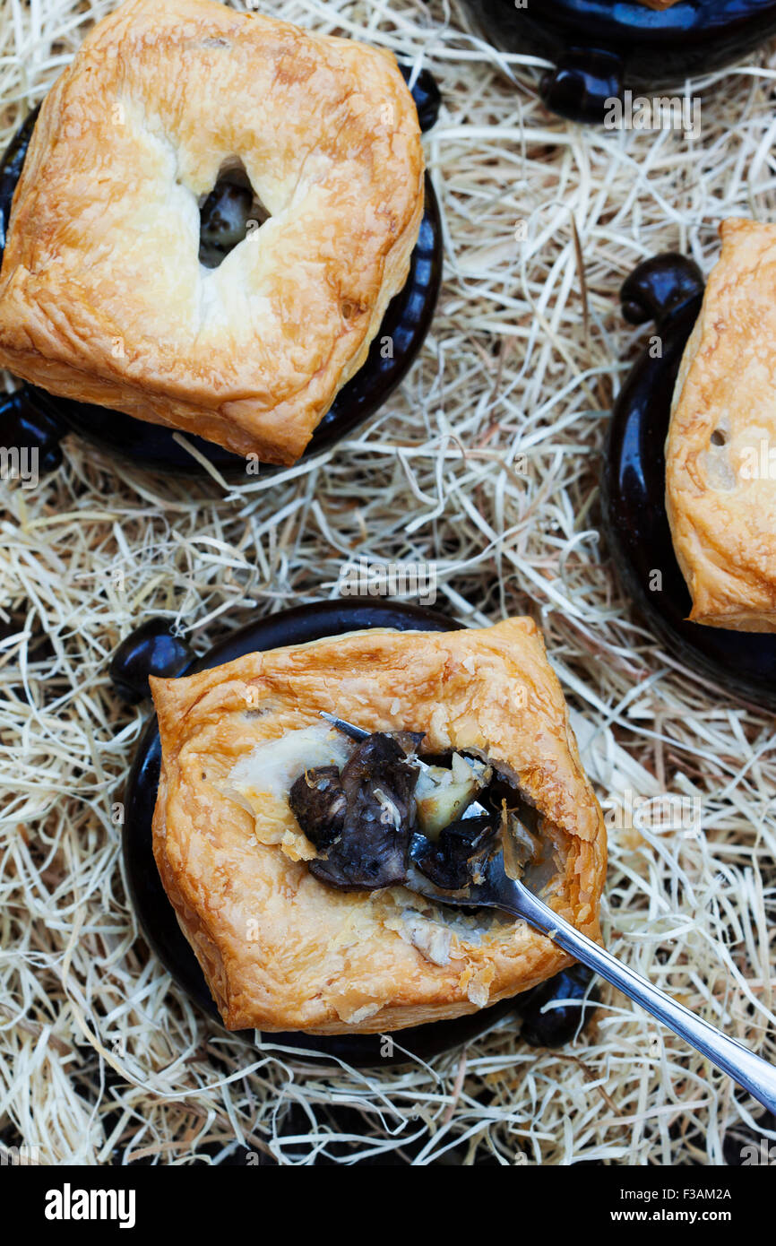 Testa a fungo, il pollo e la zuppa di patate in pentola con un coperchio di pasta sfoglia Foto Stock