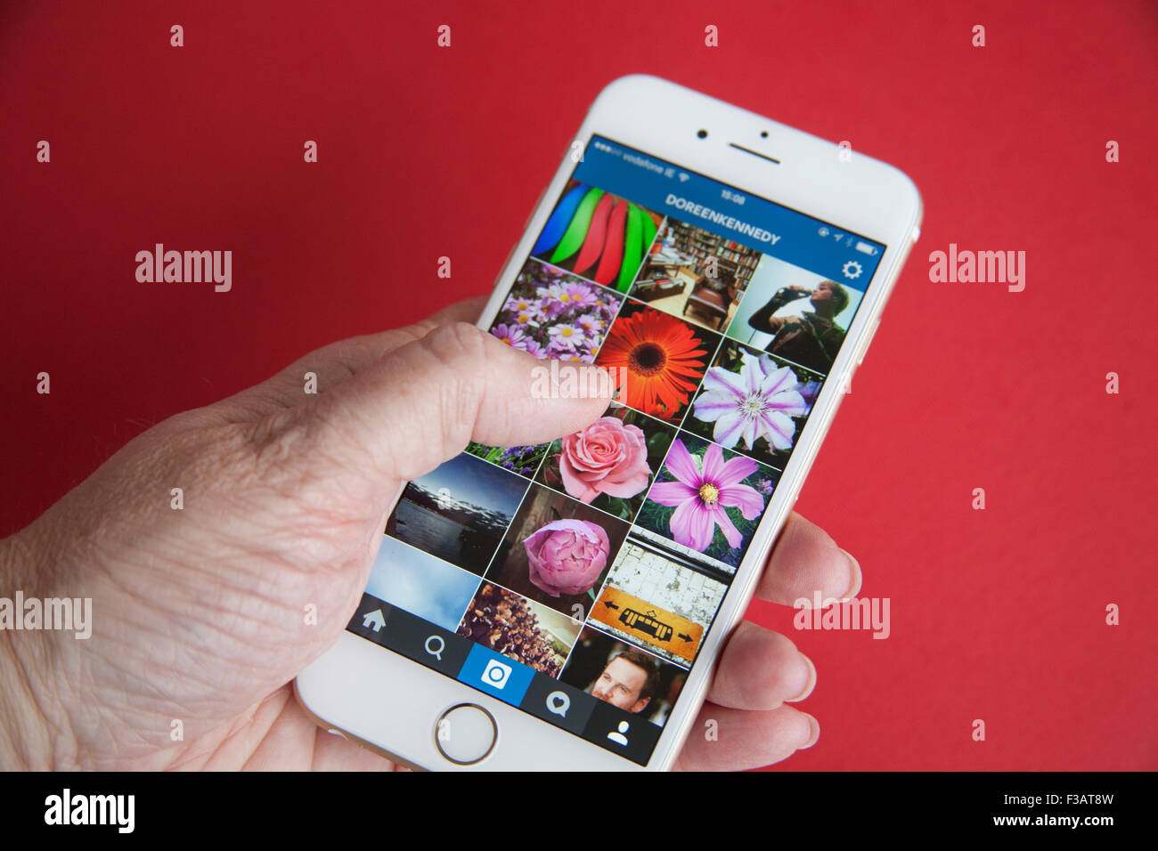 Instagram feed foto allo schermo di un oro e bianco Apple iPhone 6 contro uno sfondo rosso Foto Stock
