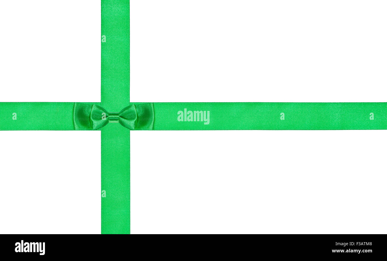 Un letto matrimoniale piccolo green bow-nodo su due nastri di raso isolati su sfondo bianco Foto Stock