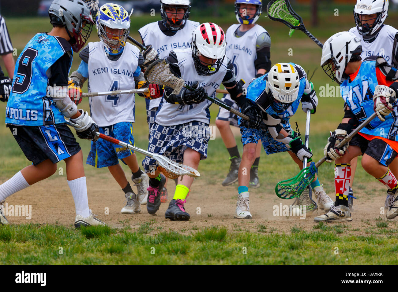 Junior lacrosse i giocatori in competizione per la sfera Foto Stock