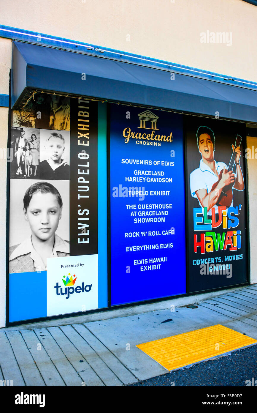 Scheda promozioni pubblicità Tupelo Mississippi al di fuori di Elvi's home di Graceland a Memphis, Tennessee Foto Stock