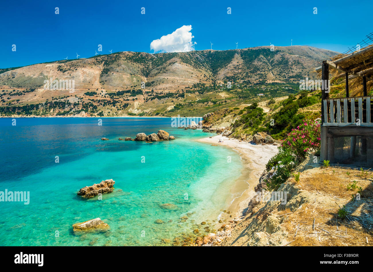 Vouti beach, l'isola di Cefalonia in Grecia. La gente di relax presso la spiaggia. La spiaggia è circondata da fiori. Foto Stock