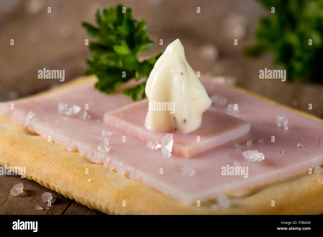 Cracker con prosciutto e salsa roumulade sul legno scuro piano portapaziente con il prezzemolo e il sale Foto Stock