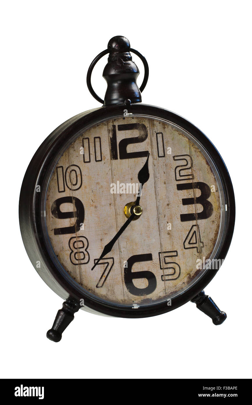 Analog desktop clock in stile vintage su sfondo bianco Foto Stock