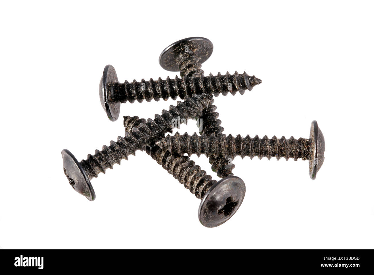 Nero viti di legno su uno sfondo bianco. Foto Stock