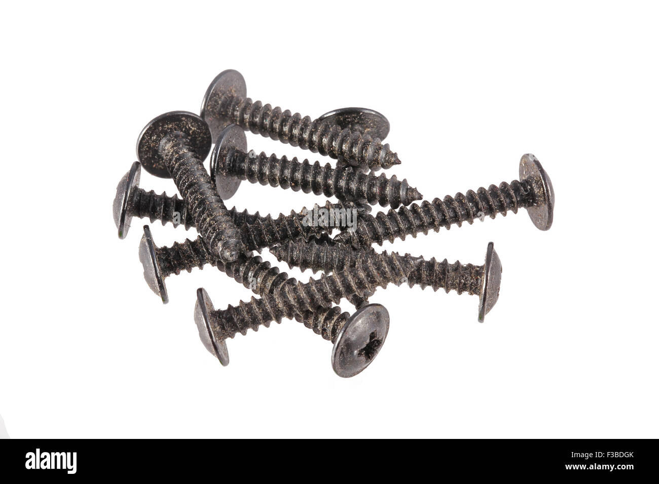 Nero viti di legno su uno sfondo bianco. Foto Stock
