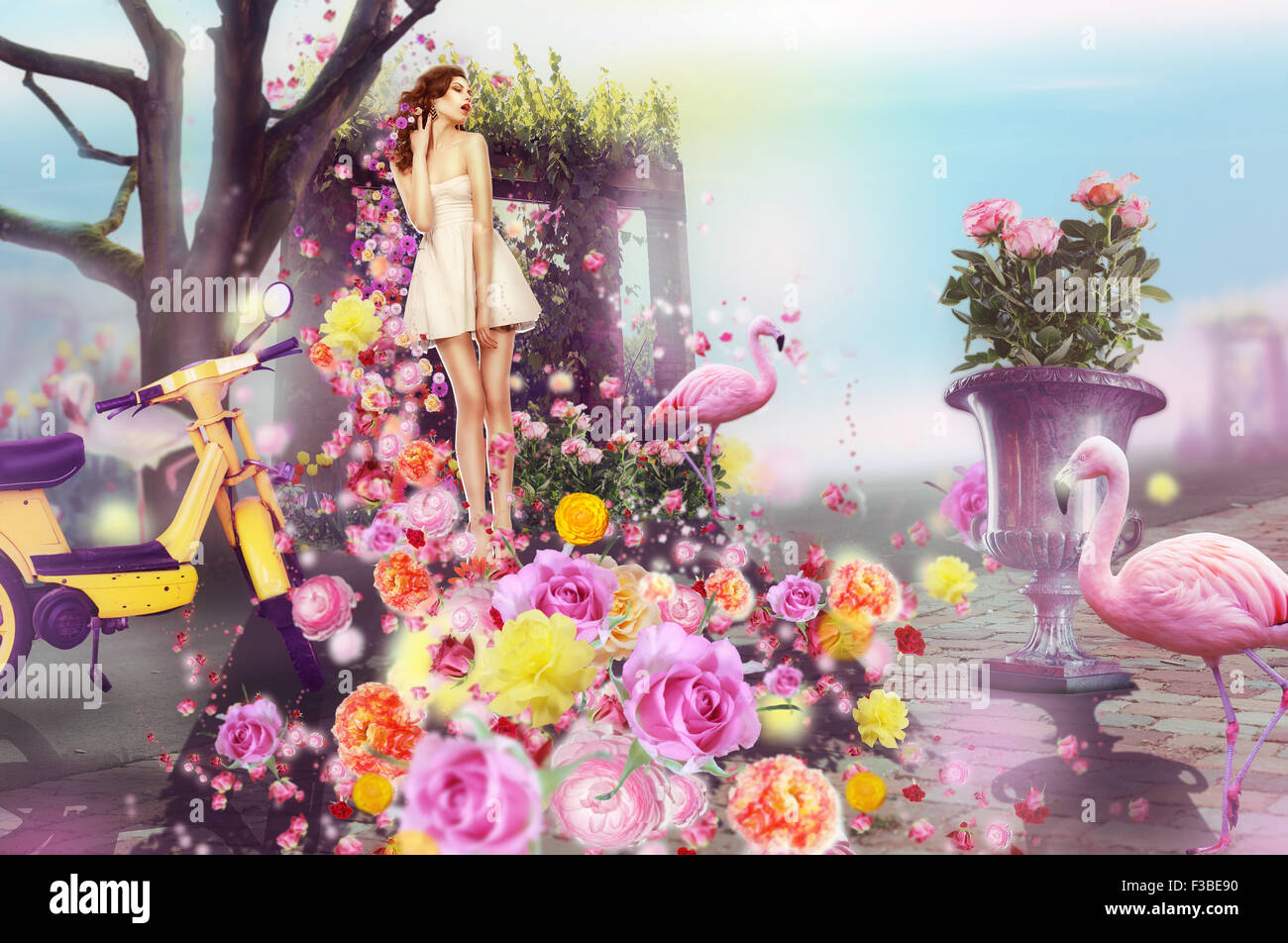 Concetto creativo. Arti visive. Donna e fiori Foto Stock