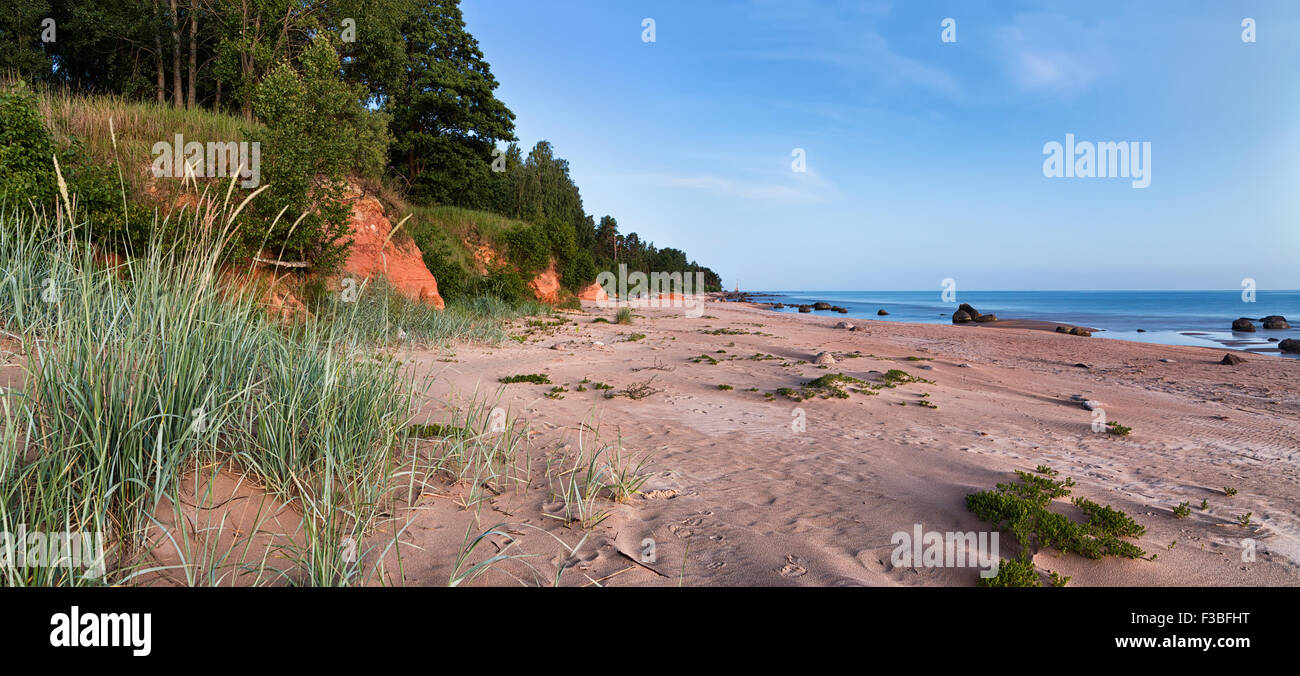 In estate il paesaggio di mezzanotte sul Mar Baltico a riva con pietre e rocce rosse, Sabbia ed erba. Notte bianca a una spiaggia. Foto Stock