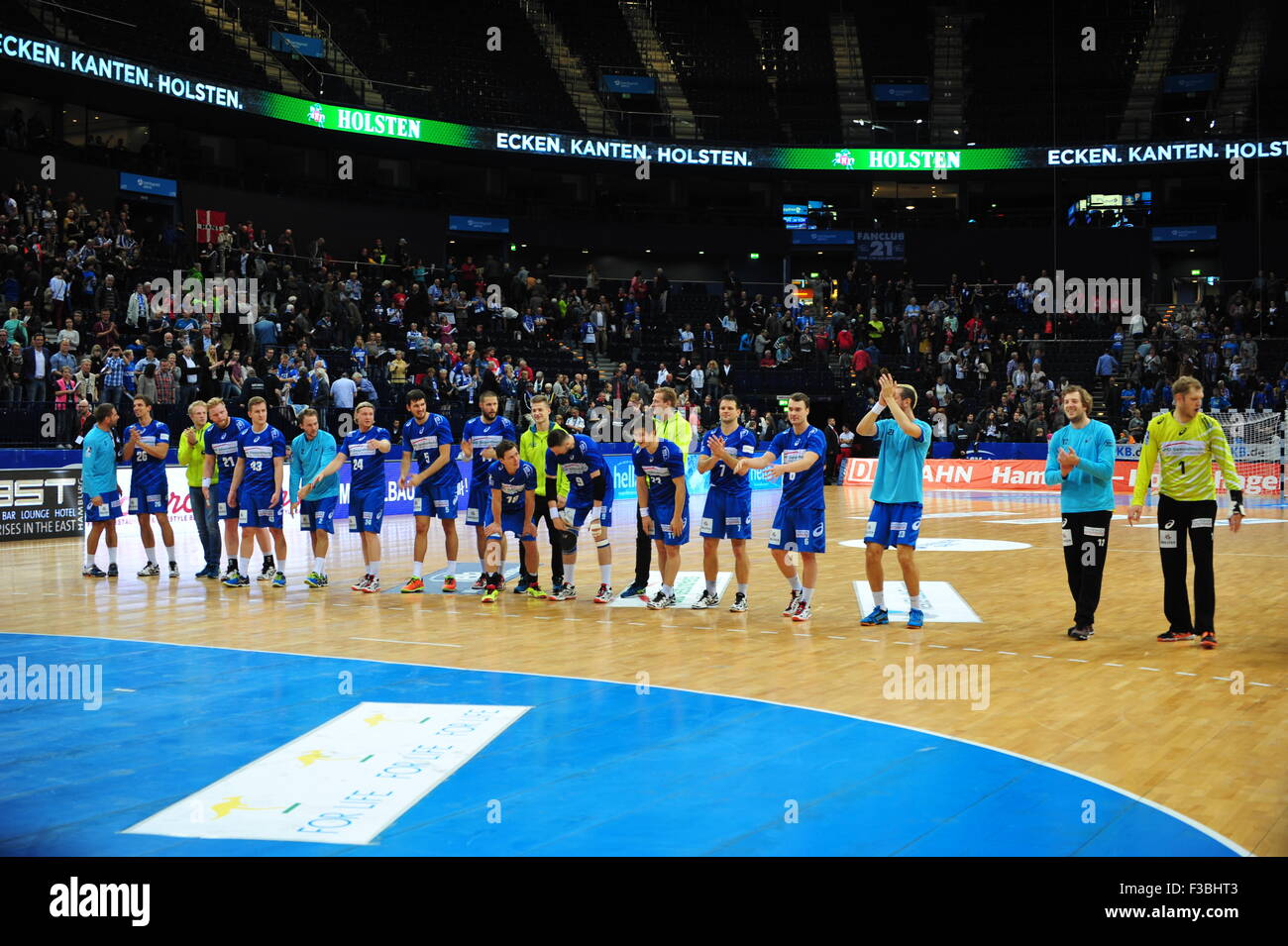 HSV squadra di pallamano dopo il match contro THSV Eisenach (37:23), Barclaycard Arena, Amburgo, Germania. Solo uso editoriale. Foto Stock