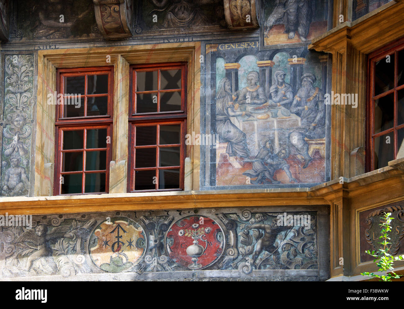 Scena dipinto datato 1648 Pfister Casa Colmar Alsace Francia Foto Stock