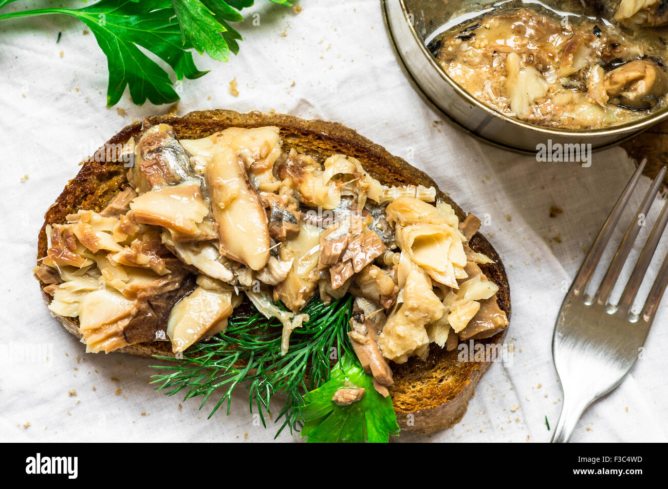 Conserve di pesce in olio sandwich di aringa in stile rustico Foto Stock
