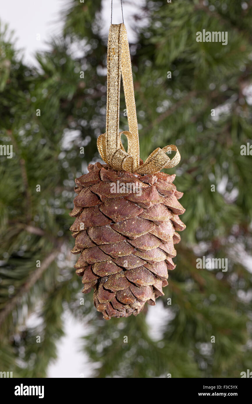 Fir strobile tre branch nuovo anno celebrazione di natale decorazione fest close up macro natura verde decor banda di cedro golden bow Foto Stock