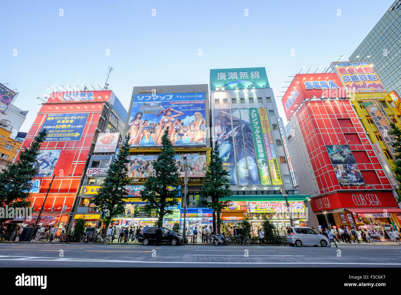 I cartelloni in Akihabara conosciuta come città elettrica o geek comune di vendita basato su Manga giochi e video a Tokyo Giappone Foto Stock