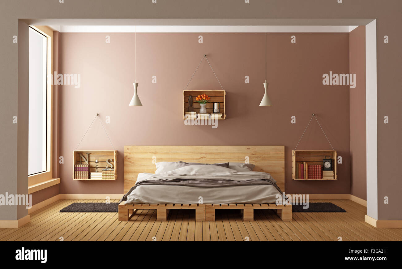 Camera da letto con letto di pallet e casse di legno usato come comodini -  3D Rendering Foto stock - Alamy