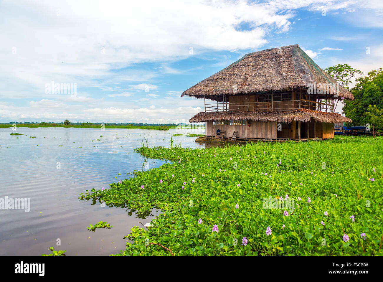 Vecchia capanna di legno galleggiante sul Fiume Rio delle Amazzoni a Iquitos, Perù Foto Stock