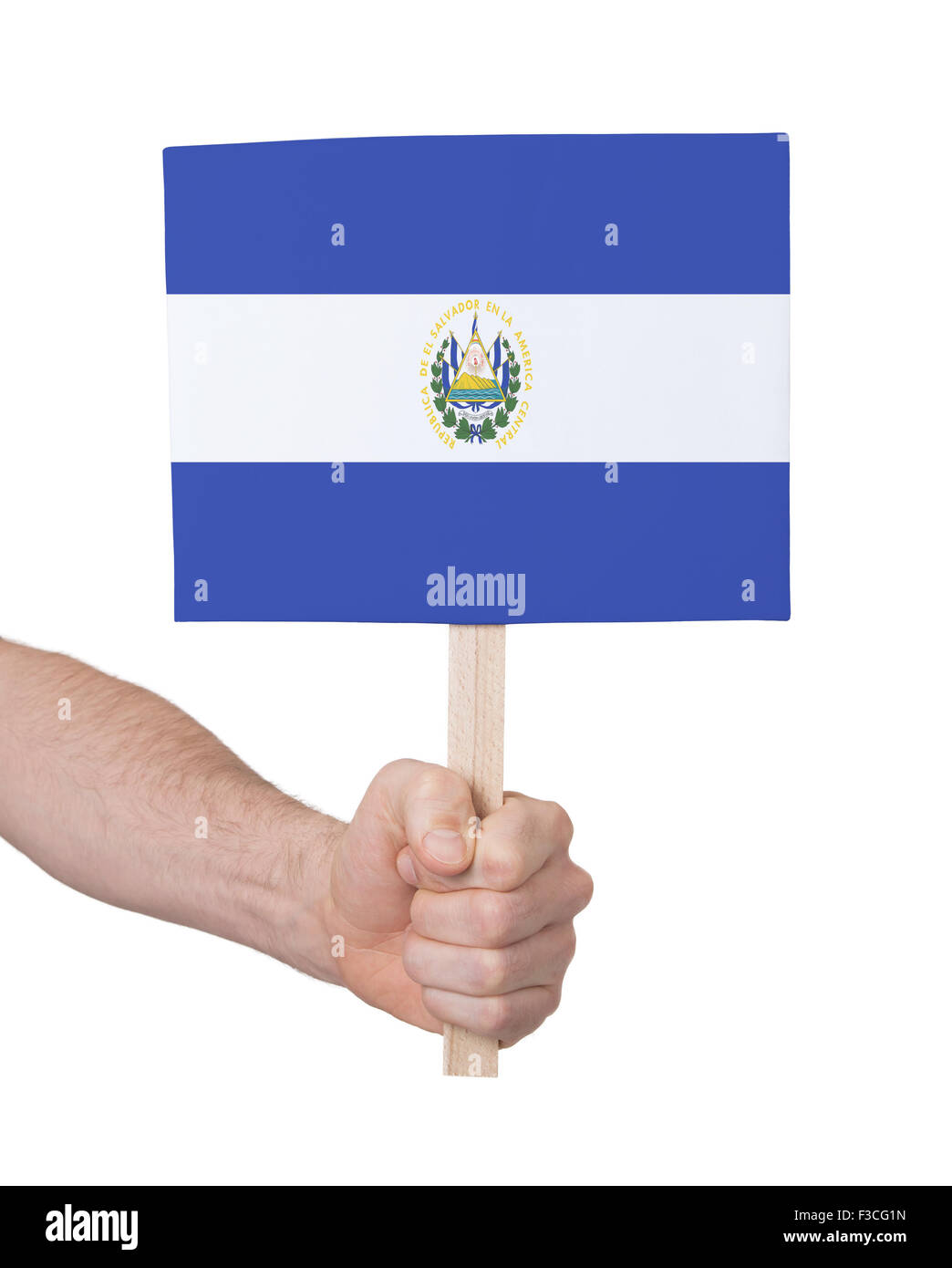 Mano azienda piccola scheda, isolato su bianco - bandiera di El Salvador Foto Stock