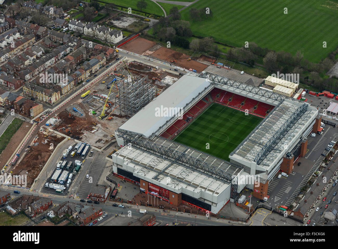Fotografia aerea di Liverpool Football Club stadium, Anfield Foto Stock