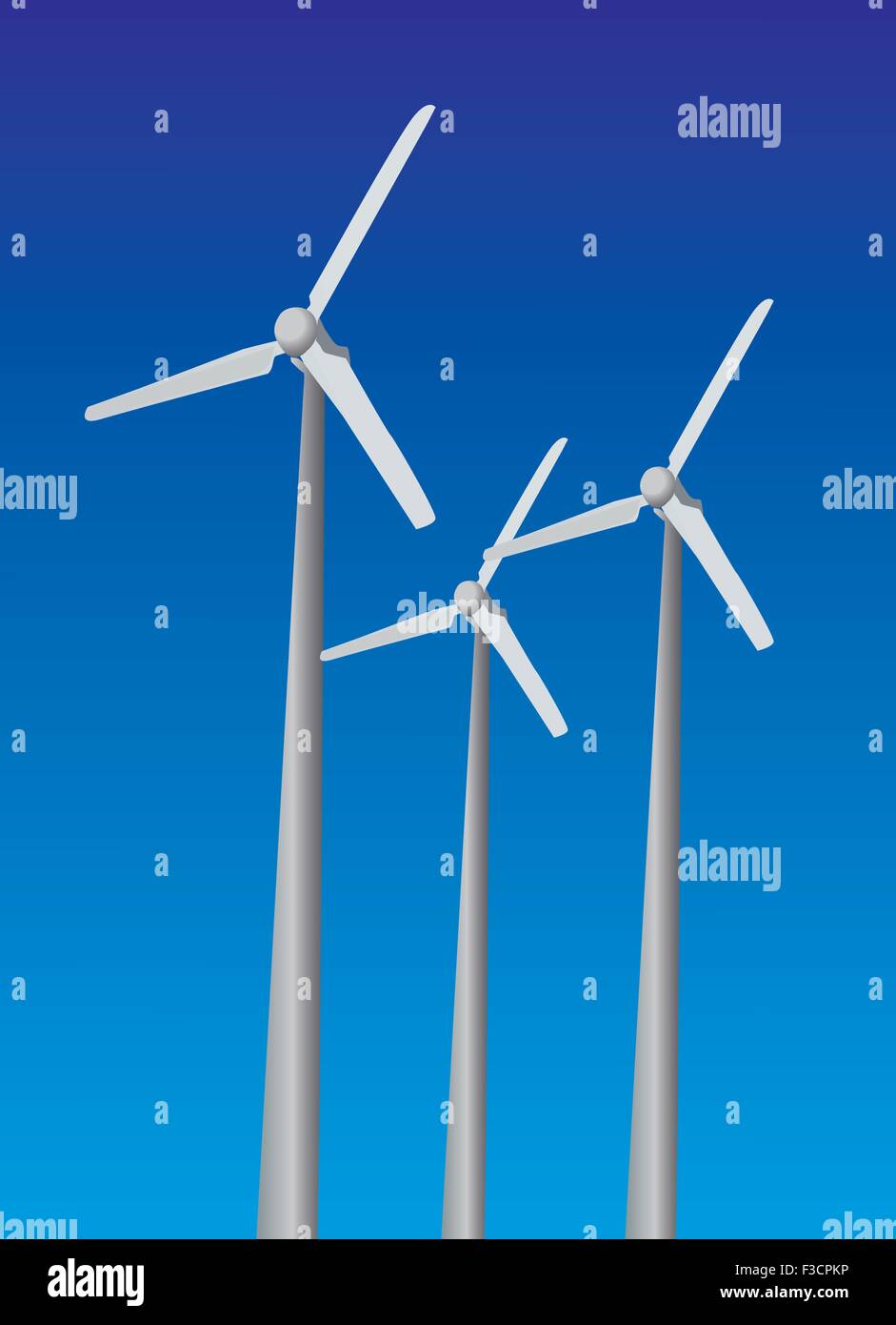 Impianti eolici su sfondo cielo colore blu Illustrazione Vettoriale
