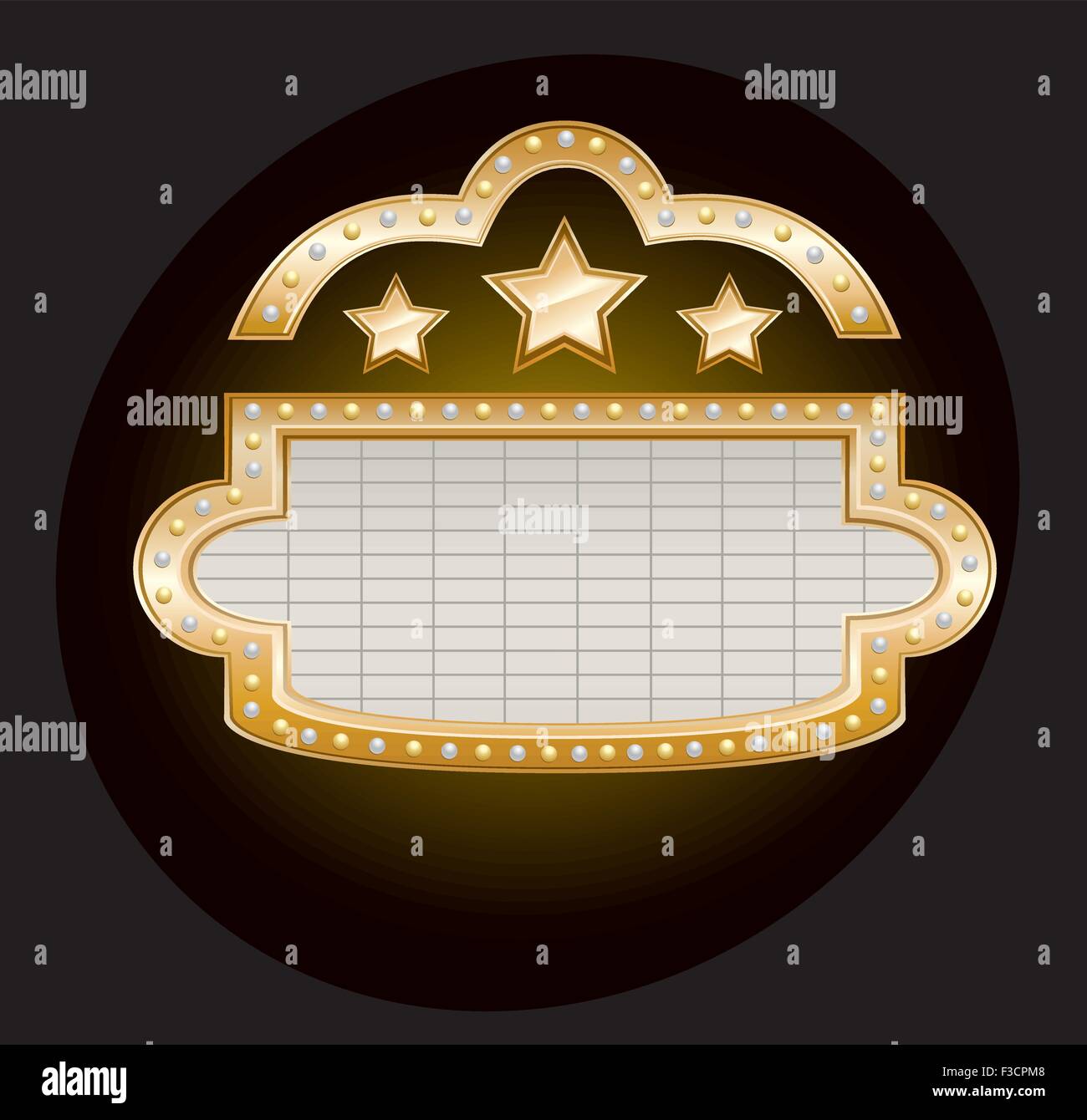 Golden teatro tendone con le stelle e le luci sul nero, illustrazione vettoriale Illustrazione Vettoriale