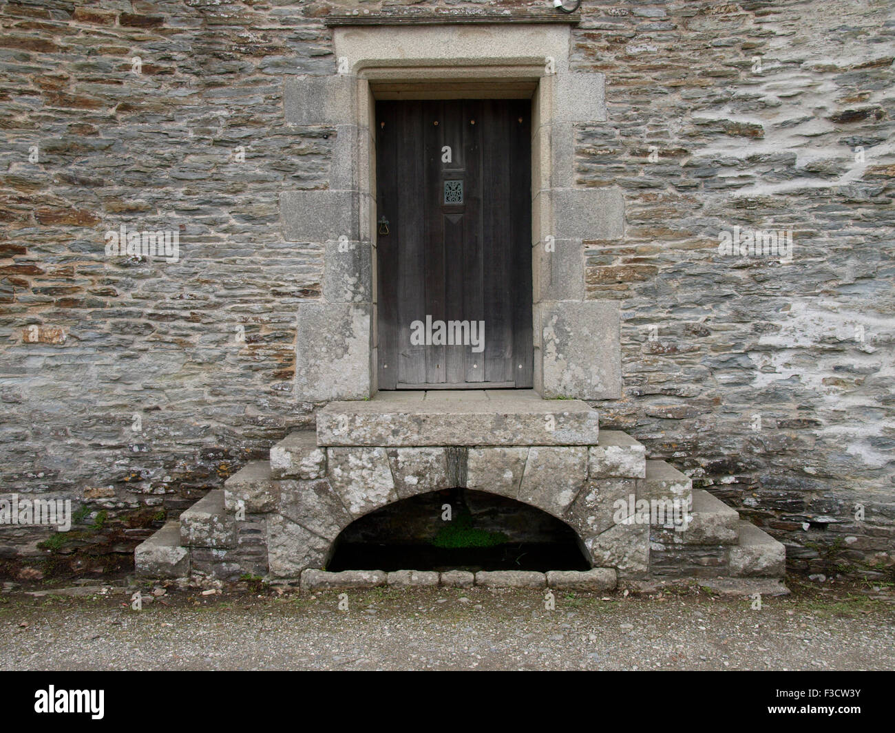 La scalinata in pietra che conduce ad una vecchia porta di legno, Cornwall, Regno Unito Foto Stock