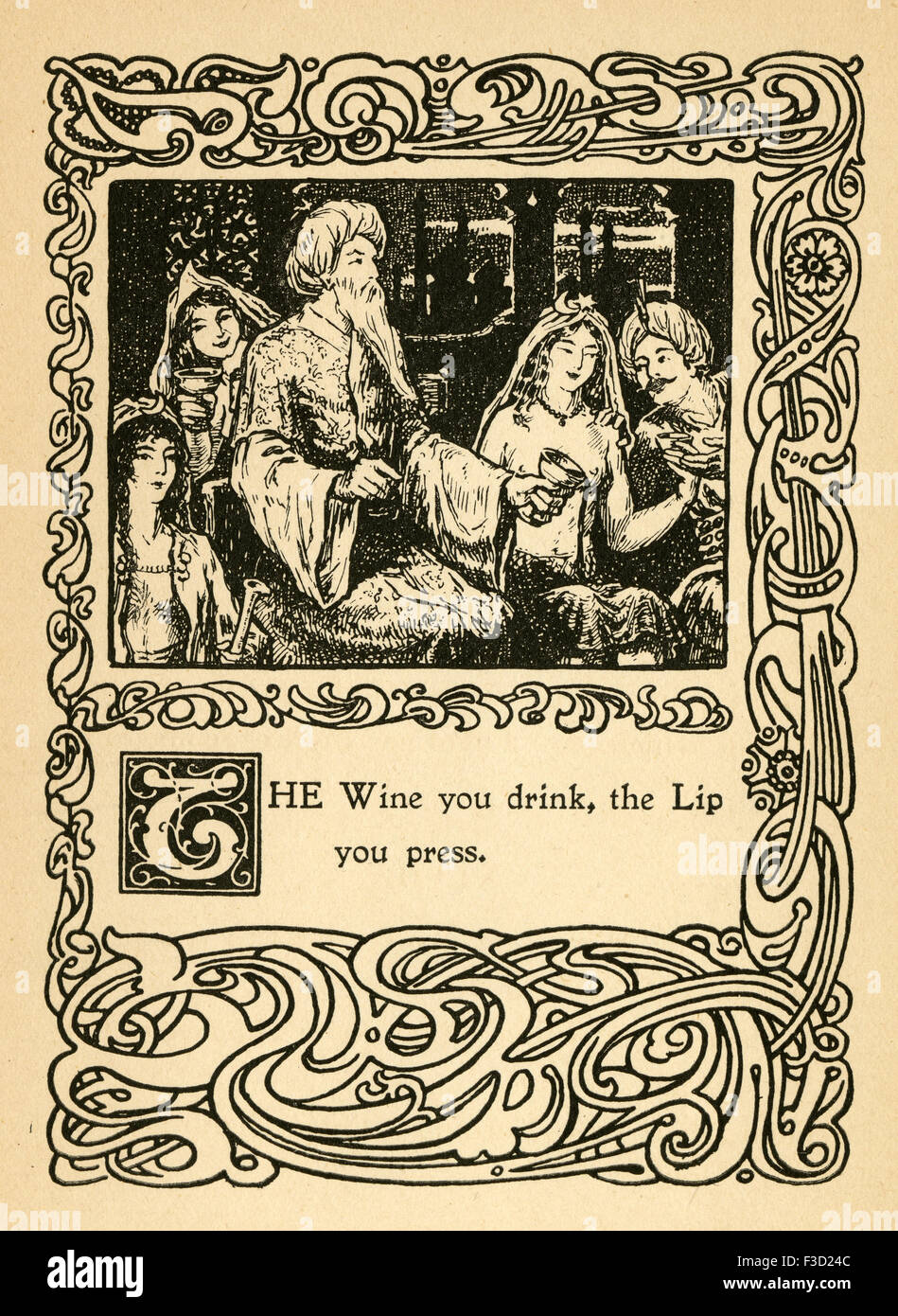 Antique 1904 illustrazione da Rubaiyat di Omar Khayyam. "Il vino di bere, il labbro di premere.". Foto Stock