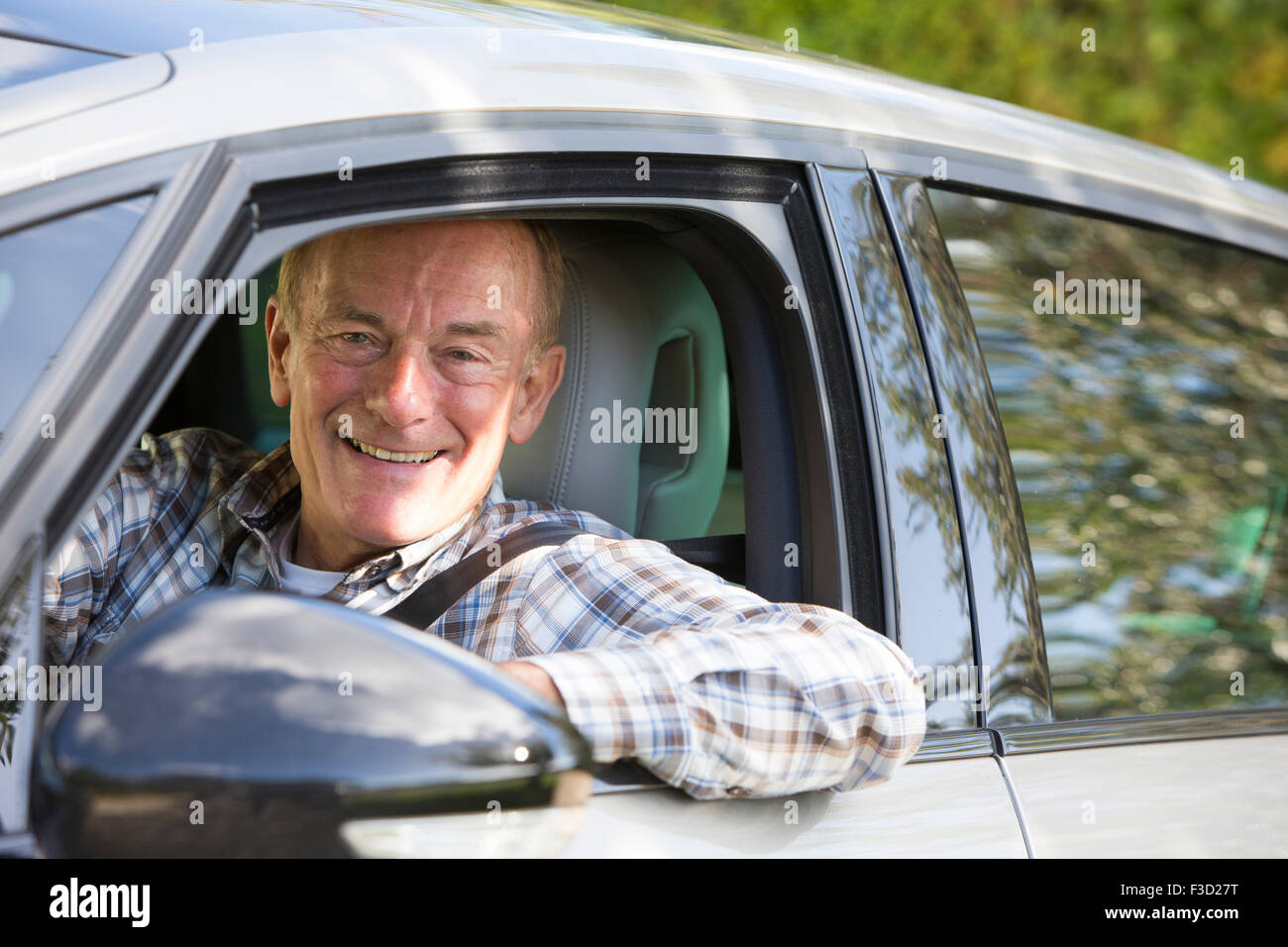 Ritratto di sorridere Senior uomo alla guida di auto Foto Stock