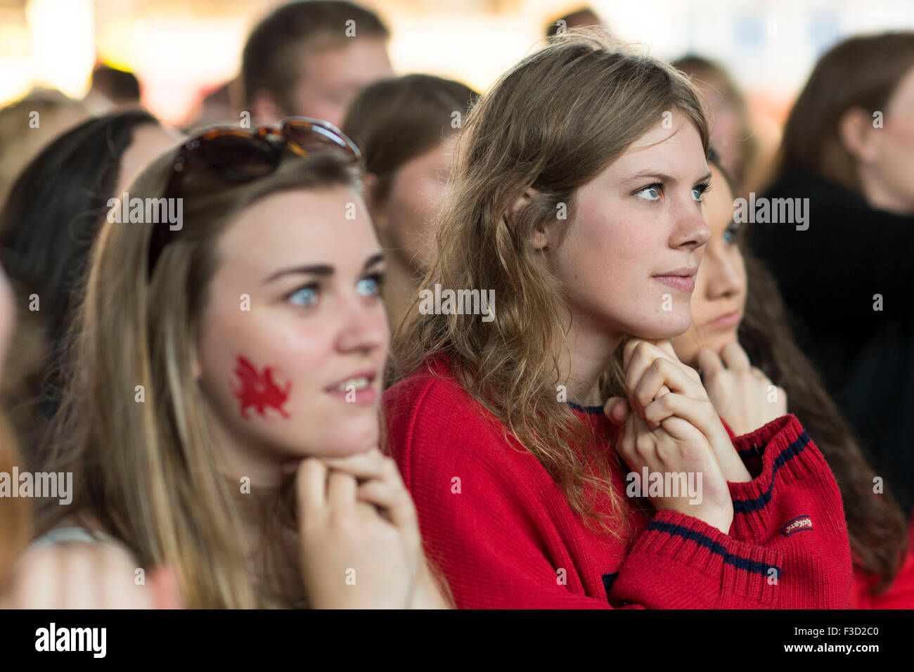 Il Galles rugby fan di guardare la loro squadra in un teso Coppa del Mondo di Rugby 2015 partita contro le Isole Figi. Foto Stock