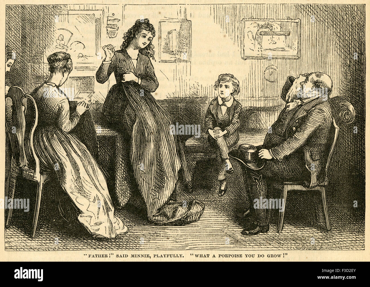 Illustrazione da 1872 edizione di Charles Dickens David Copperfield. "Padre!" detto Minnie, allegramente. " Che cosa una focena che fate crescere!' Foto Stock