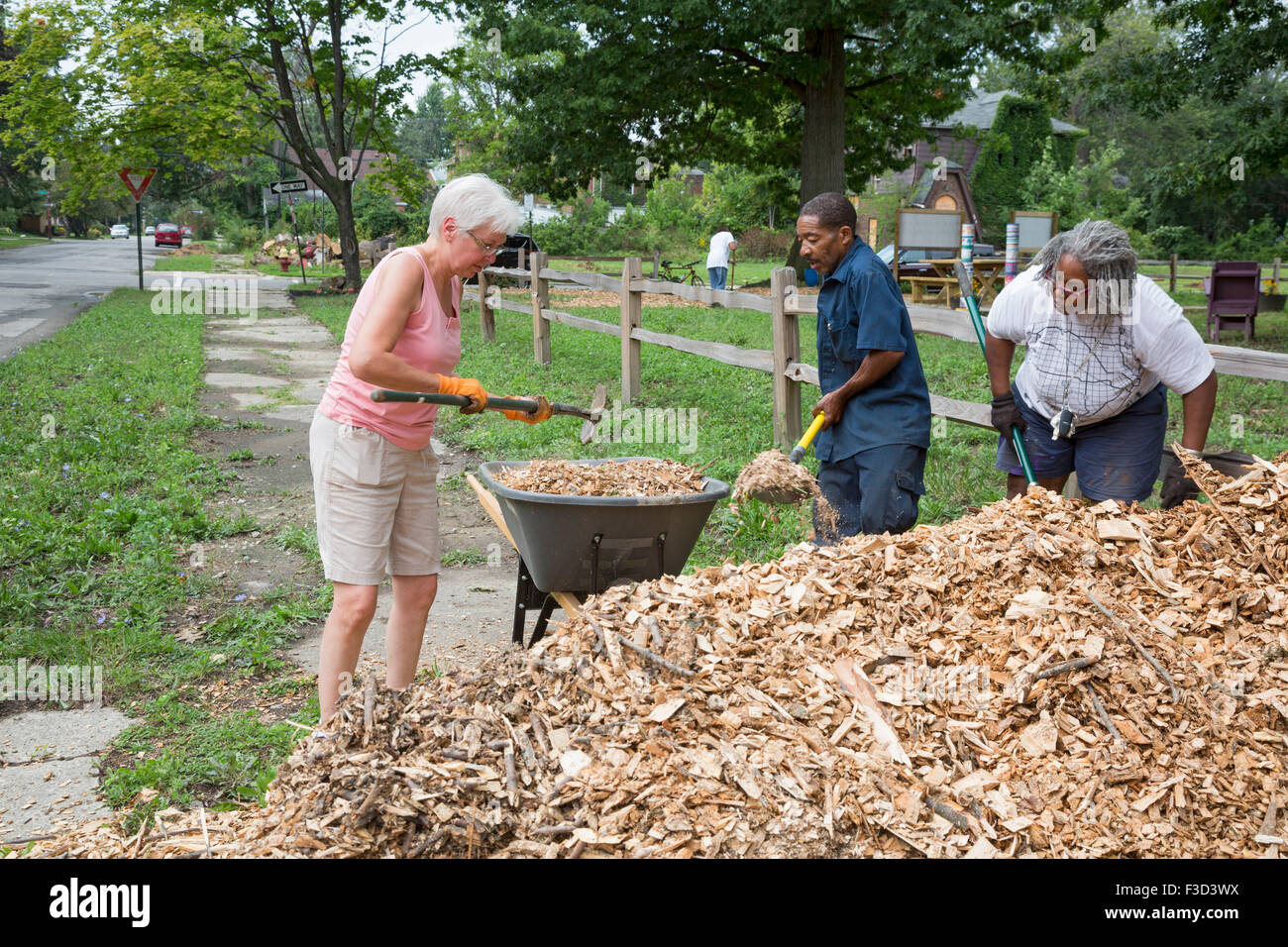 Detroit, Michigan - i membri delle tre miglia Club di blocco di lavorare alla creazione di un parco di quartiere su tre lotti vacanti. Foto Stock