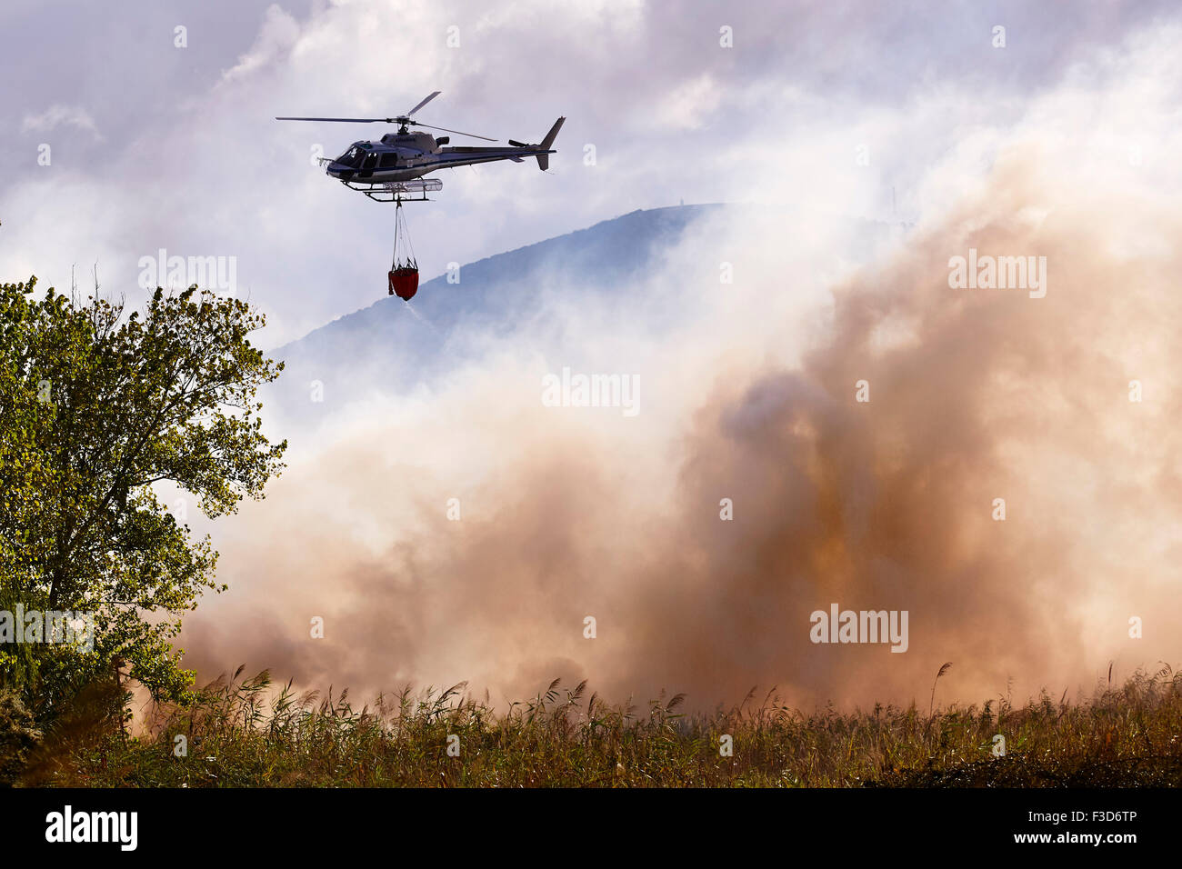 Elicottero antincendio spegnimento degli incendi di foreste su Sardegna Foto Stock