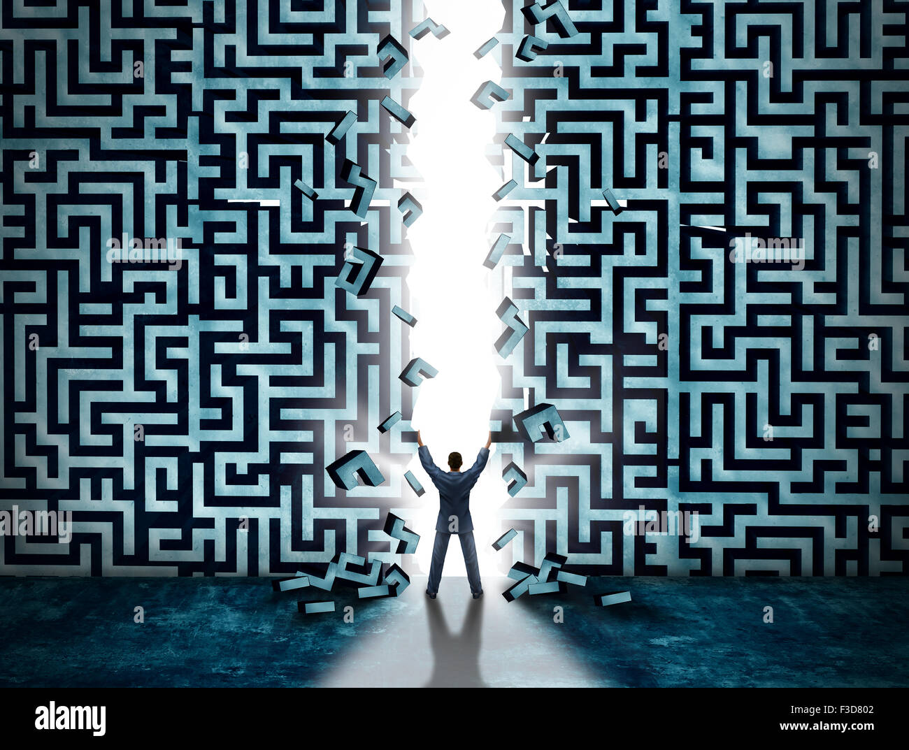 Ingresso soluzione business concept come un uomo d affari con apertura di un labirinto labirinto o la creazione di un portale con luce soffusa come metafora per la possibilità e la risoluzione di un problema. Foto Stock Ingresso soluzione business concept come un uomo d affari con apertura di un labirinto labirinto o la creazione di un portale con luce soffusa come metafora per la possibilità e la risoluzione di un problema. Foto Stock