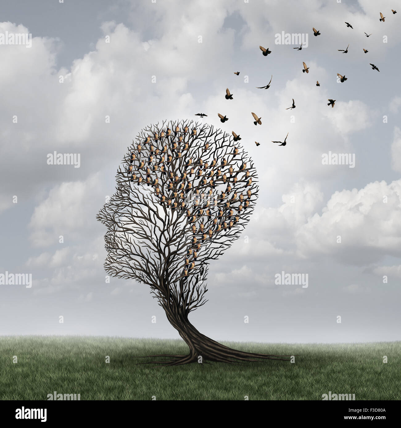 La perdita di memoria concetto e malato di Alzheimer simbolo surreale come un medico di sanità mentale concetto con la testa vuota a forma di albero e un gruppo di uccelli conformata come un cervello di neurologia e la demenza o la perdita di intelligenza. Foto Stock