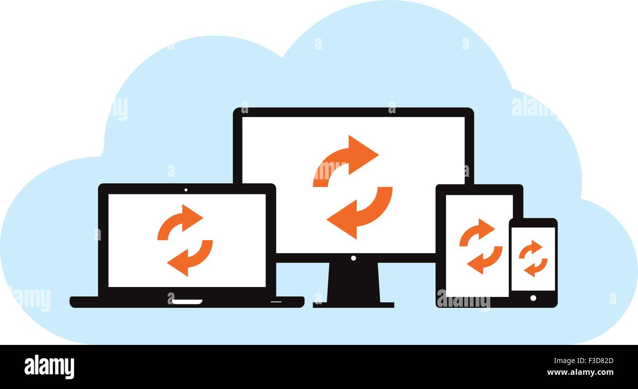 Questa immagine è un file vettore che rappresenta un backup su cloud concetto di sincronizzazione. Illustrazione Vettoriale