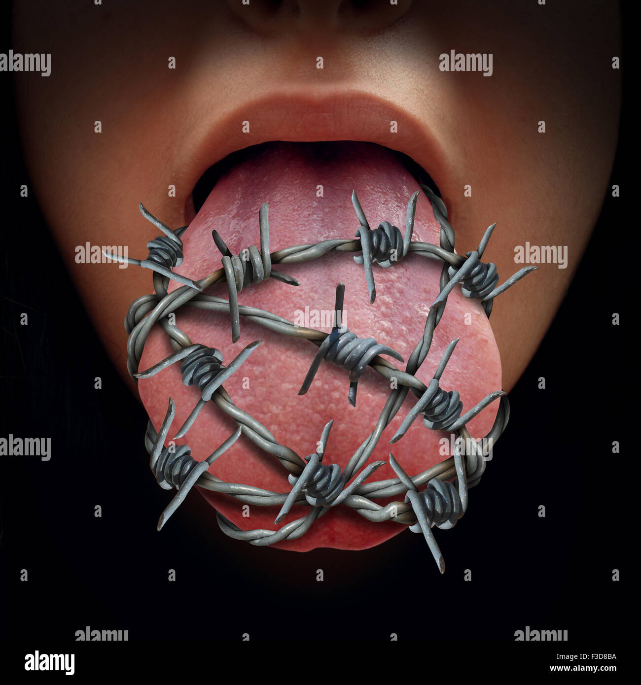 La libertà di parola il concetto di crisi e la censura in espressione di idee simbolo come una lingua umana avvolto nel vecchio filo spinato come Foto Stock