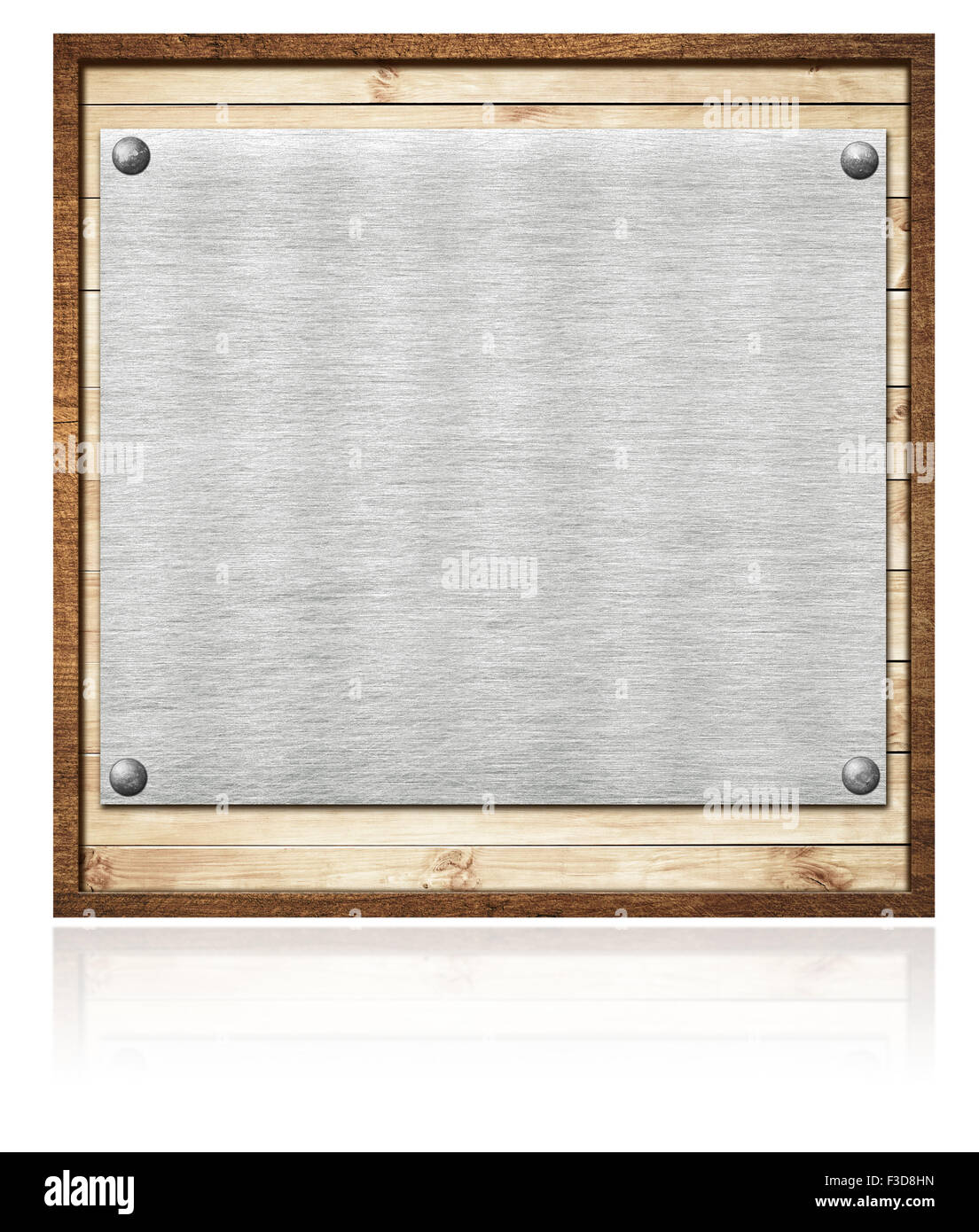Composizione del metallo di placca in alluminio, nome piastra su tavole di legno e il telaio Foto Stock Composizione del metallo di placca in alluminio, nome piastra su tavole di legno e il telaio Foto Stock