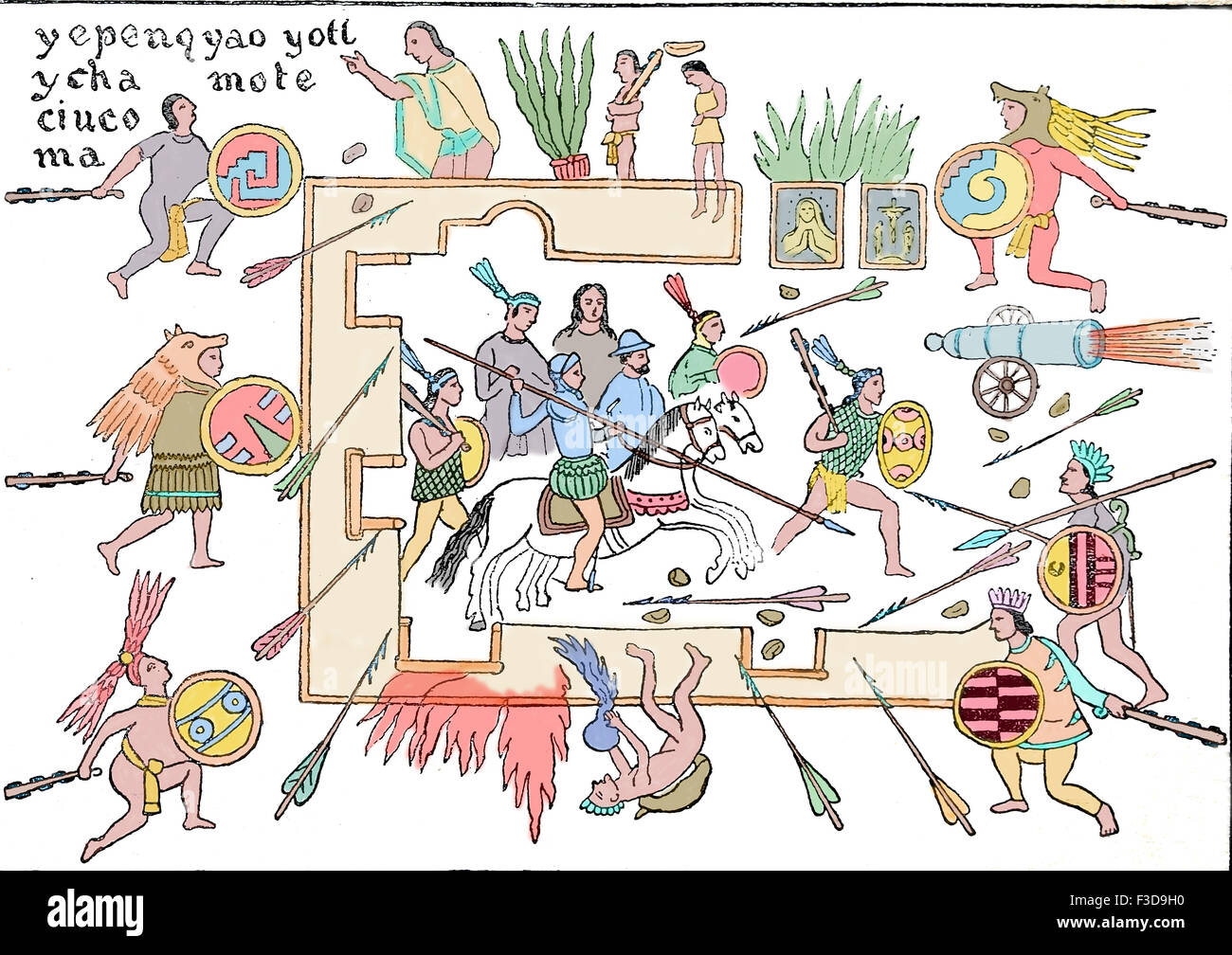 Conquista del Messico. Battaglia tra Spagnoli e Aztechi. Hernan Cortes (1485-1547) Barbuto con l'interprete La Malinche. Foto Stock