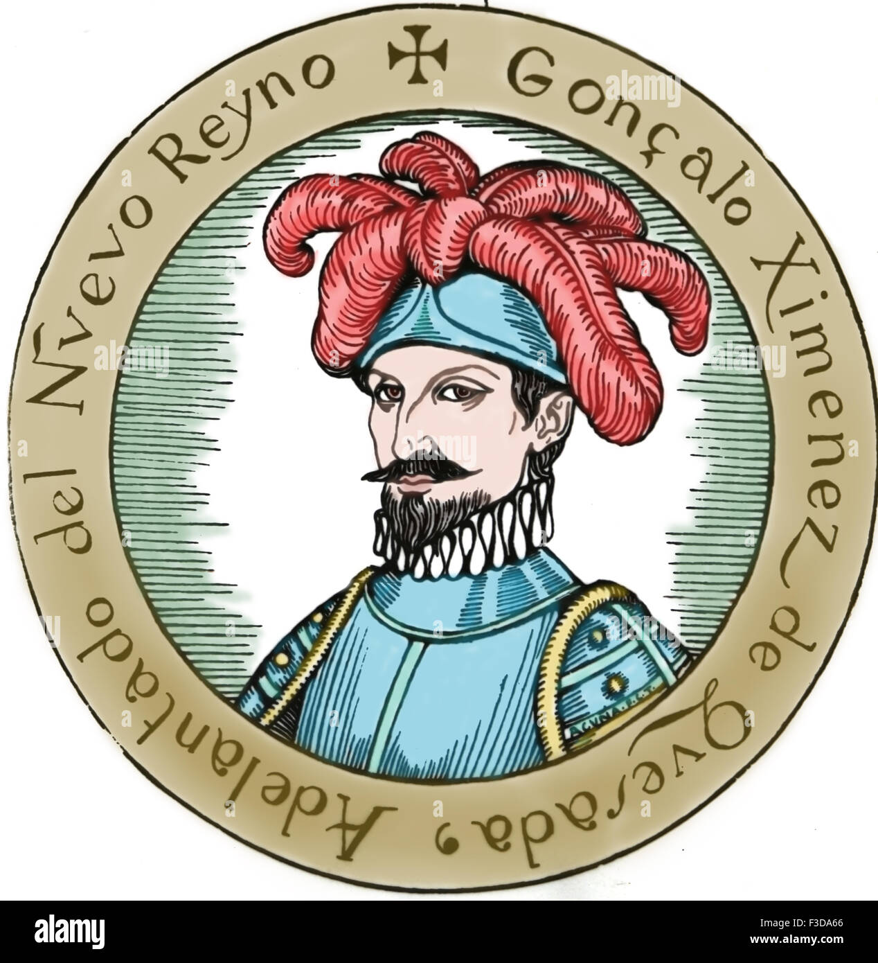 Gonzalo Jimenez de Quesada (1509-1579). Esploratore spagnolo e conquistador in Colombia. Ritratto. Incisione del XIX secolo. Colore. Foto Stock