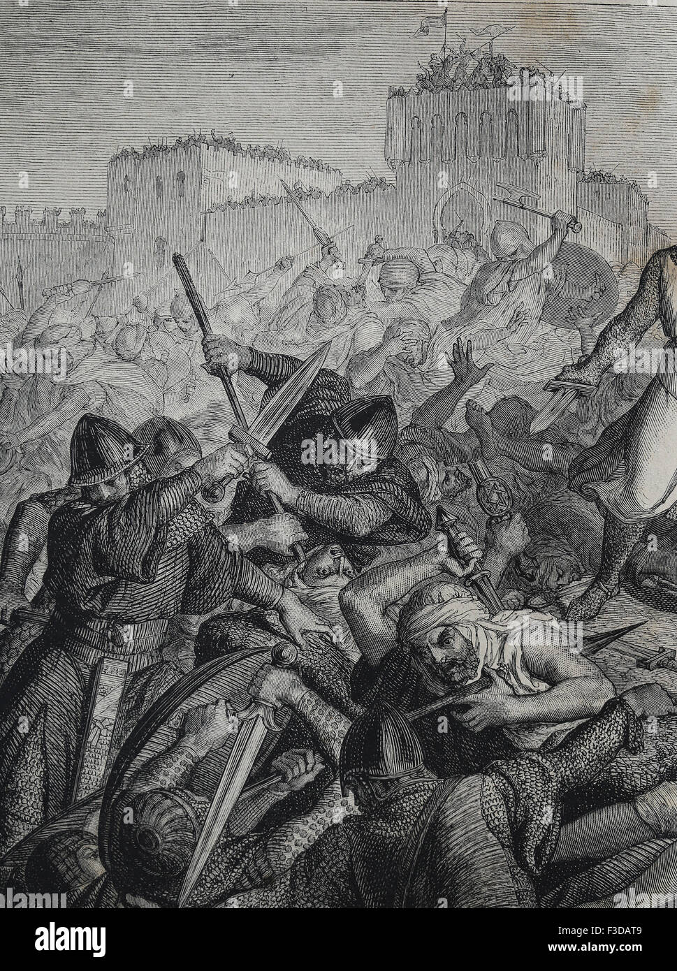 Spagna. Conquista di Valencia. El Cid (1043-1099). Battaglia di Cuarte, 1094. I cristiani e l'esercito di Moresco. Incisione. Foto Stock