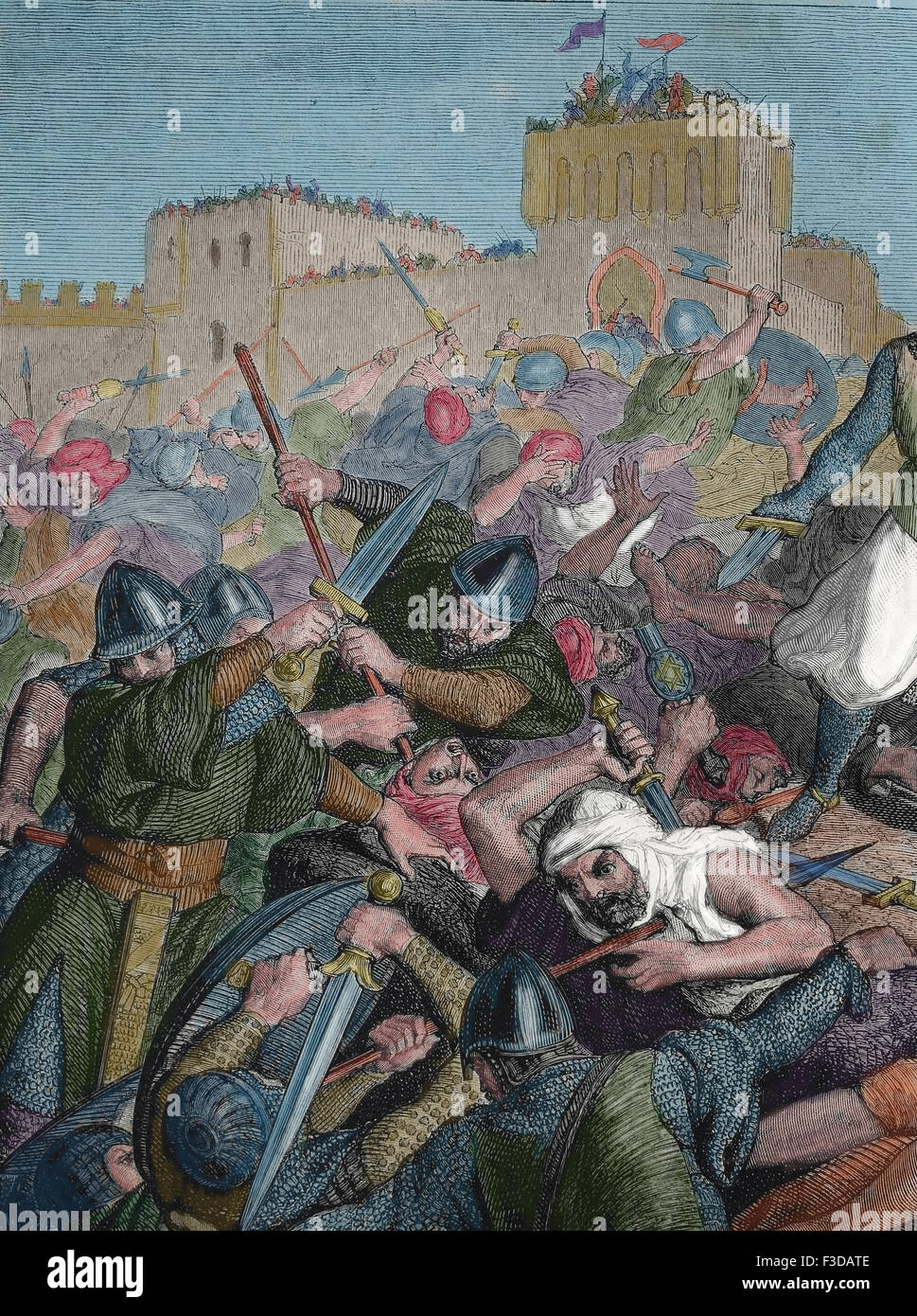 Spagna. Conquista di Valencia. El Cid (1043-1099). Battaglia di Cuarte, 1094. I cristiani e l'esercito di Moresco. Incisione. Foto Stock