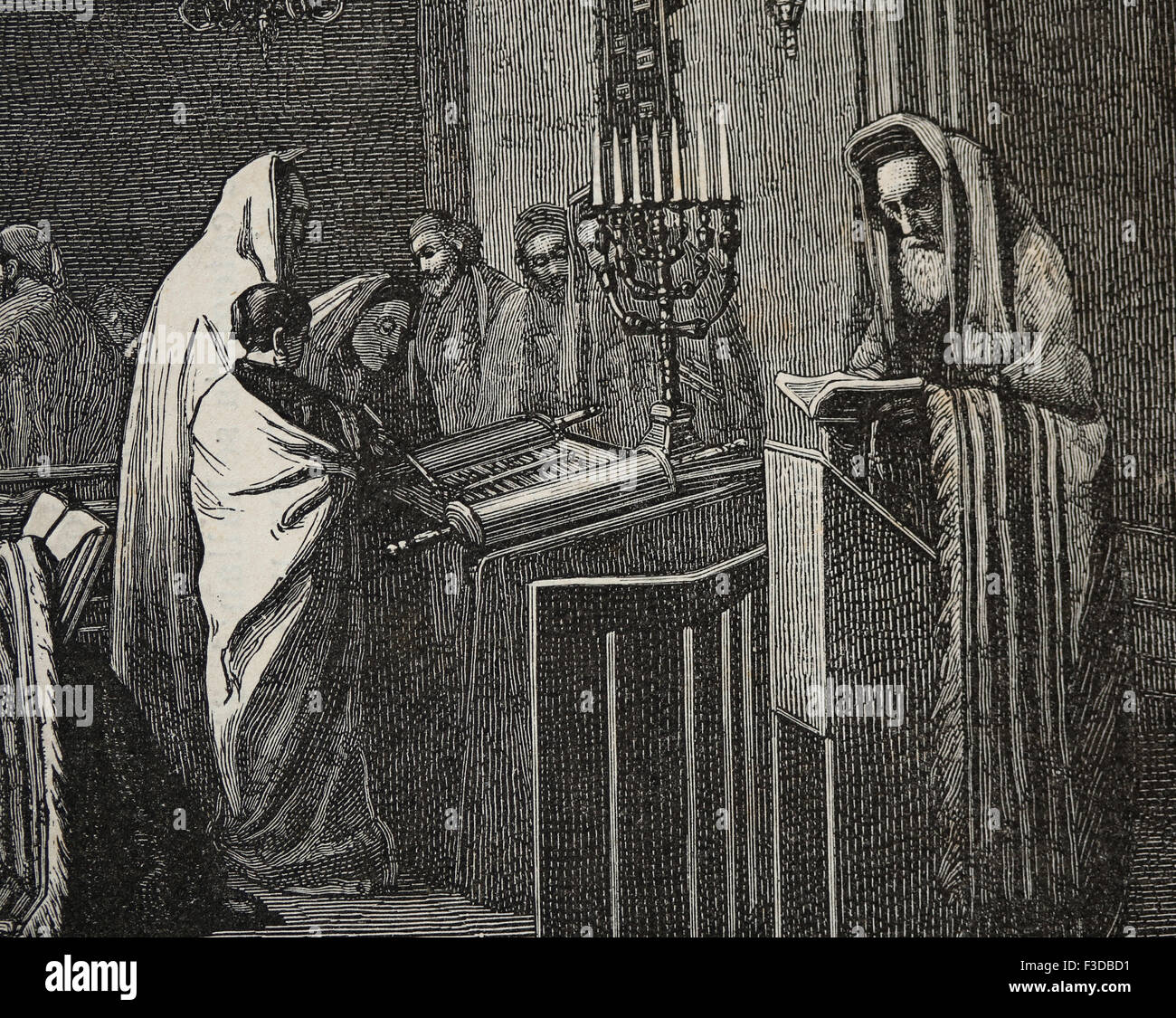 La religione. Il giudaismo. Rabbi è la lettura nella Torah in Sinagoga. Incisione di Froment, pubblicato su La Ilustracion, 1870, Spagna. Foto Stock