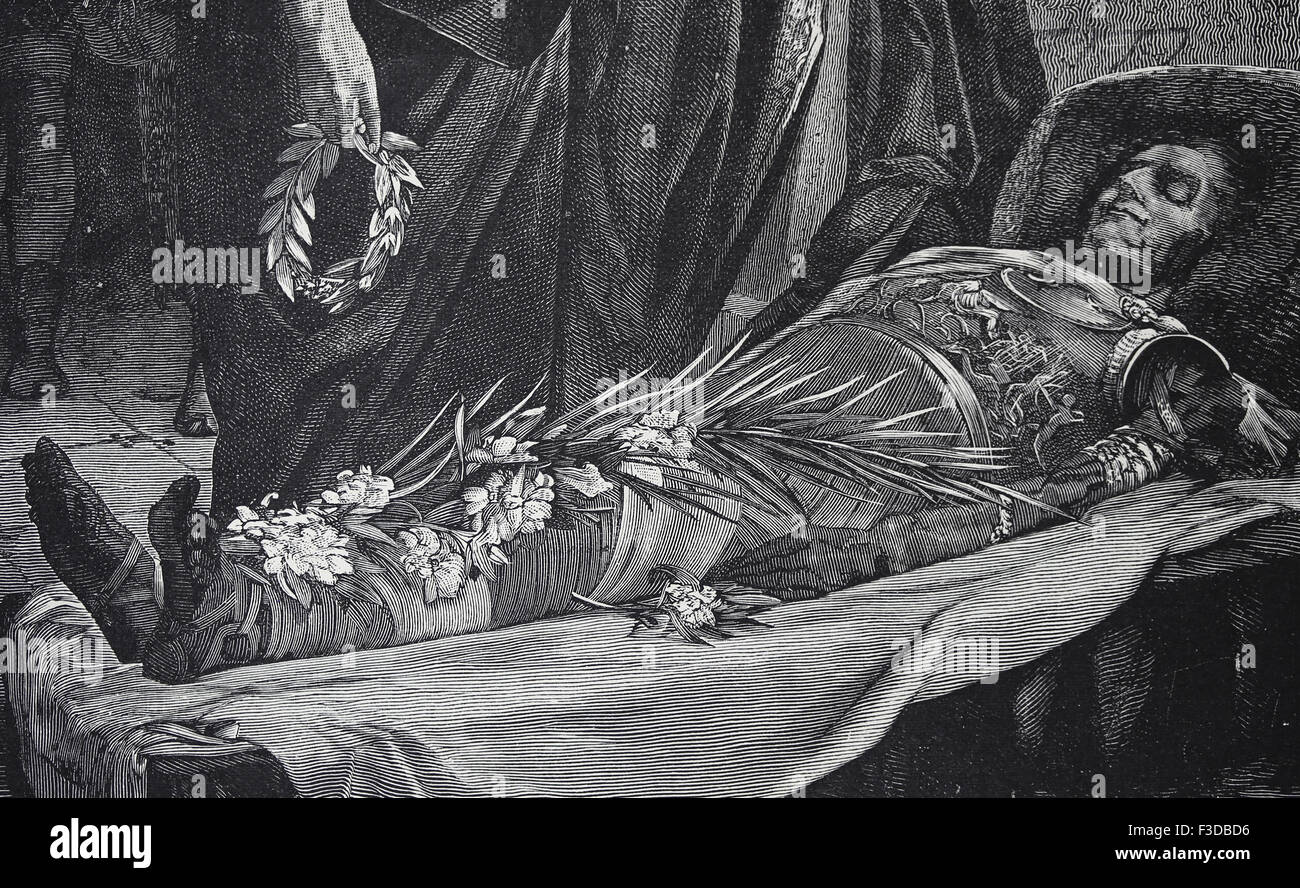 Giulio Cesare (100BC-44BC). Statista romano. Dictador della Repubblica Romana. Omicidio. Cadavere di Giulio Cesare. Incisione. Foto Stock