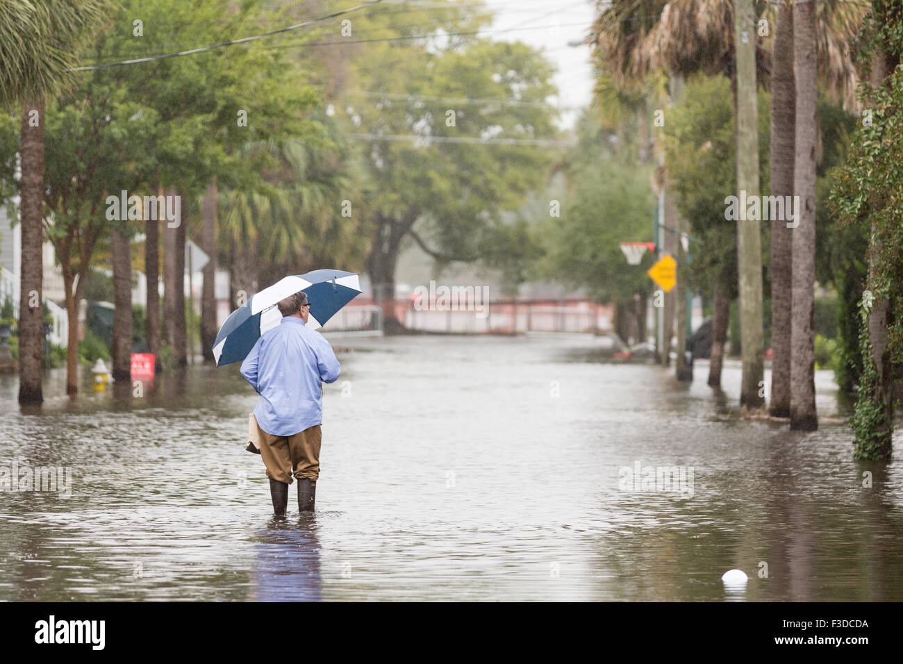 Charleston, Carolina del Sud, Stati Uniti d'America. 05 ott 2015. Un residente passeggiate attraverso acque alluvionali a casa sua nel quartiere storico dopo il record di tempeste di rottura oggetto di dumping più di due piedi di pioggia sul lowcountry Ottobre 5, 2015 a Charleston, Carolina del Sud. Foto Stock