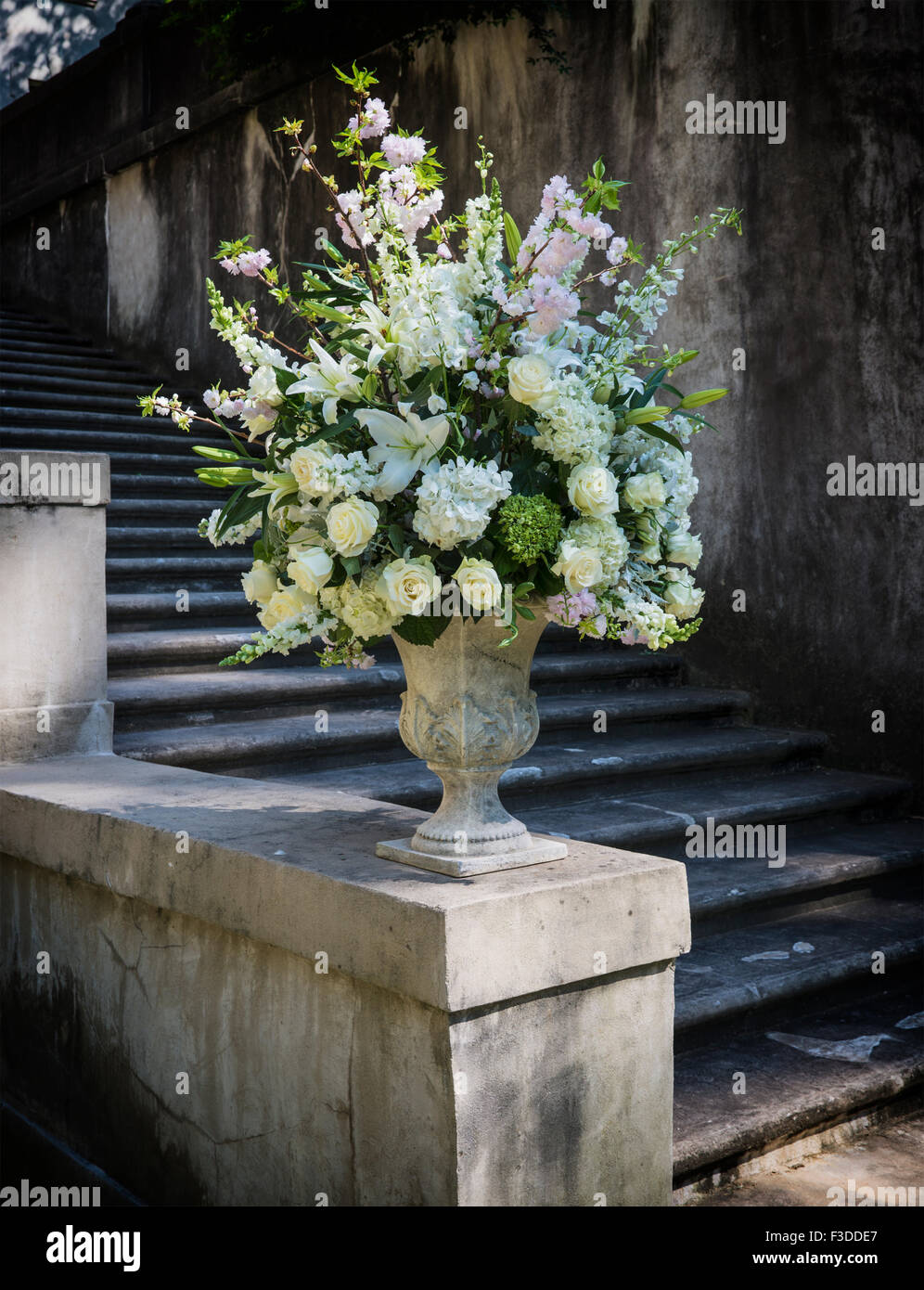 Visualizzazione di fiori in urna di pietra Foto Stock