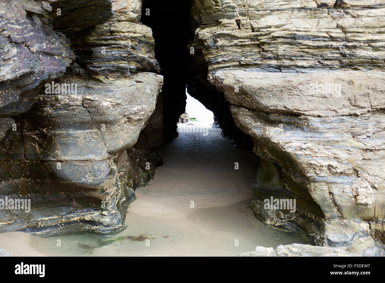 A bassa marea sulla spiaggia Portreath in Cornovaglia rivela una serie di grotte nascoste. Foto Stock