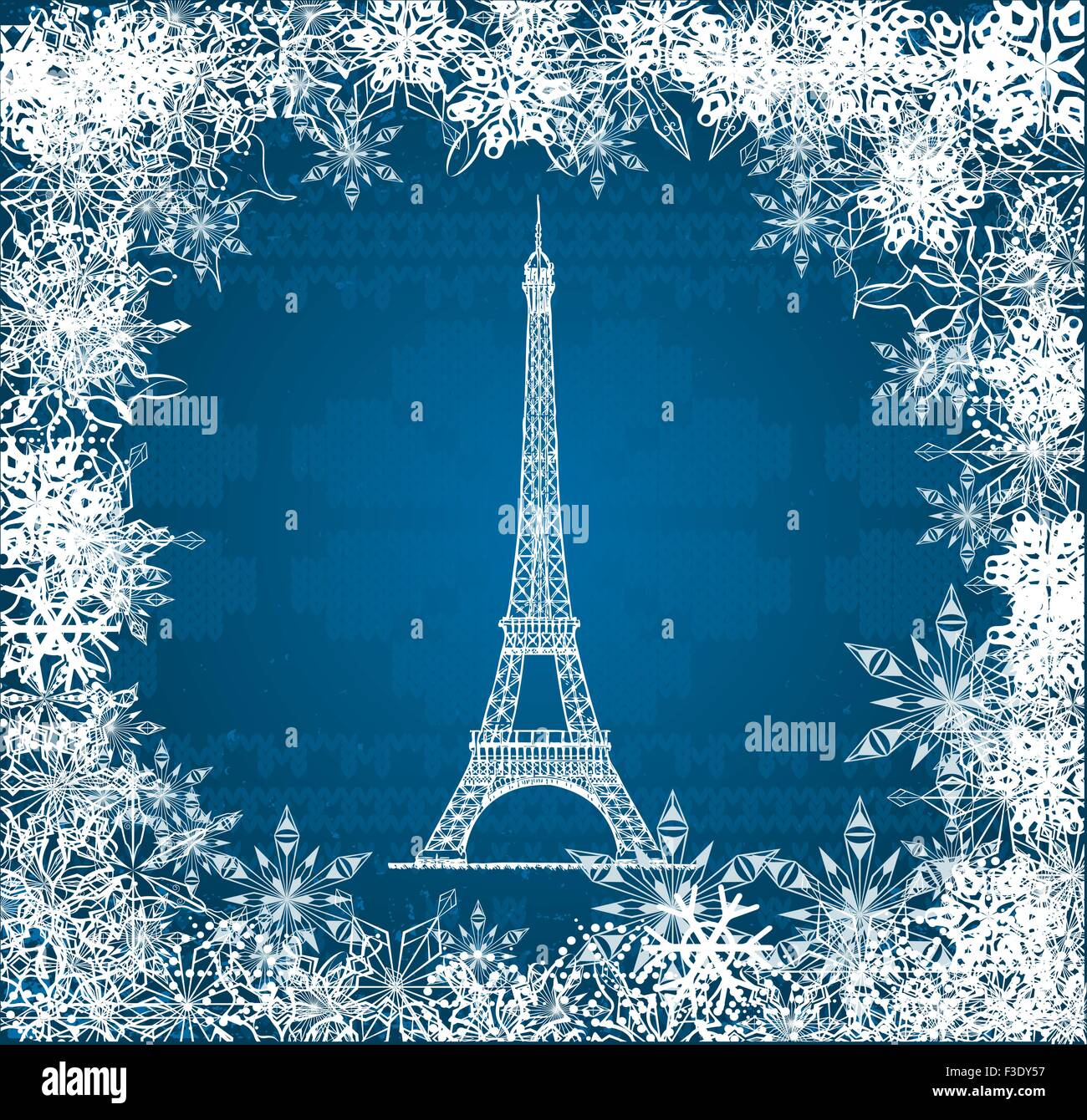 Vettore Torre Eiffel con i fiocchi di neve su blu sullo sfondo a maglia Illustrazione Vettoriale