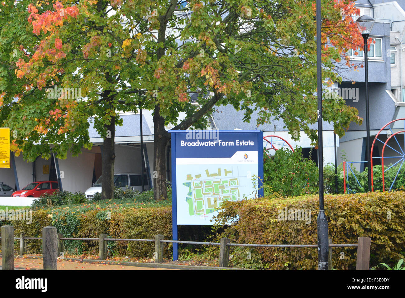 Broadwater Farm, Londra, Regno Unito. Il 6 ottobre 2015. PC Keith Blakelock venne pugnalato in Broadwater Farm tumulti in Tottenham, Foto Stock