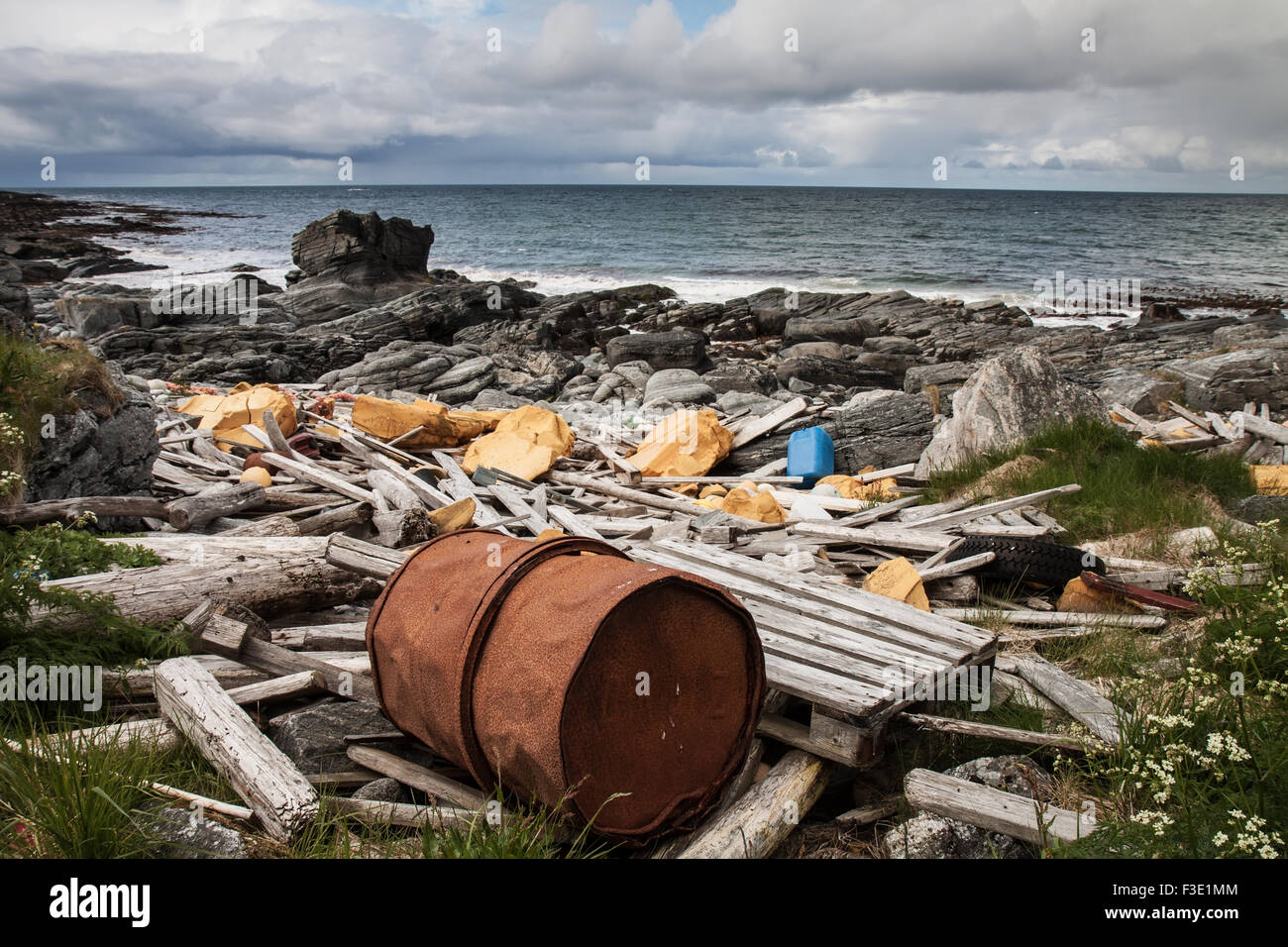 Rifiuti e rifiuti sulla spiaggia dell'Oceano Atlantico, Lofoten, Norvegia Foto Stock