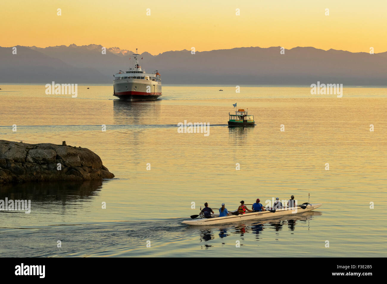 MV Coho arrivare in porto di Victoria al crepuscolo e team a remi in barca outrigger-Victoria, British Columbia, Canada. Foto Stock