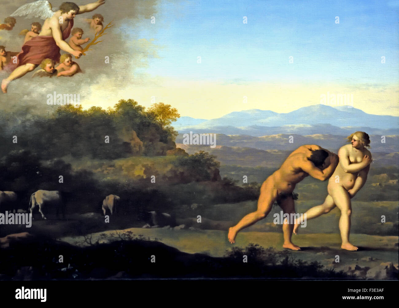 La Cacciata dal Paradiso 1646 Cornelis van Poelenburch 1646 Paesi Bassi olandese ( Sebbene Dio proibì Adamo ed Eva a mangiare il frutto dell' albero della conoscenza del bene e del male", lo ha fatto comunque. Come punizione, furono cacciati via del Paradiso da un angelo con una spada di fuoco. Essi fuggirono nel paesaggio di montagna arida ) Foto Stock